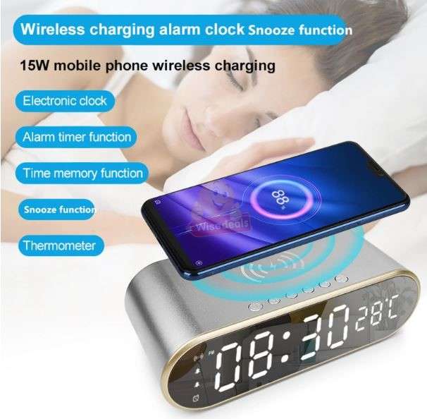 LED Digital Thermometer Alarm Clock with Fast Wireless Charger