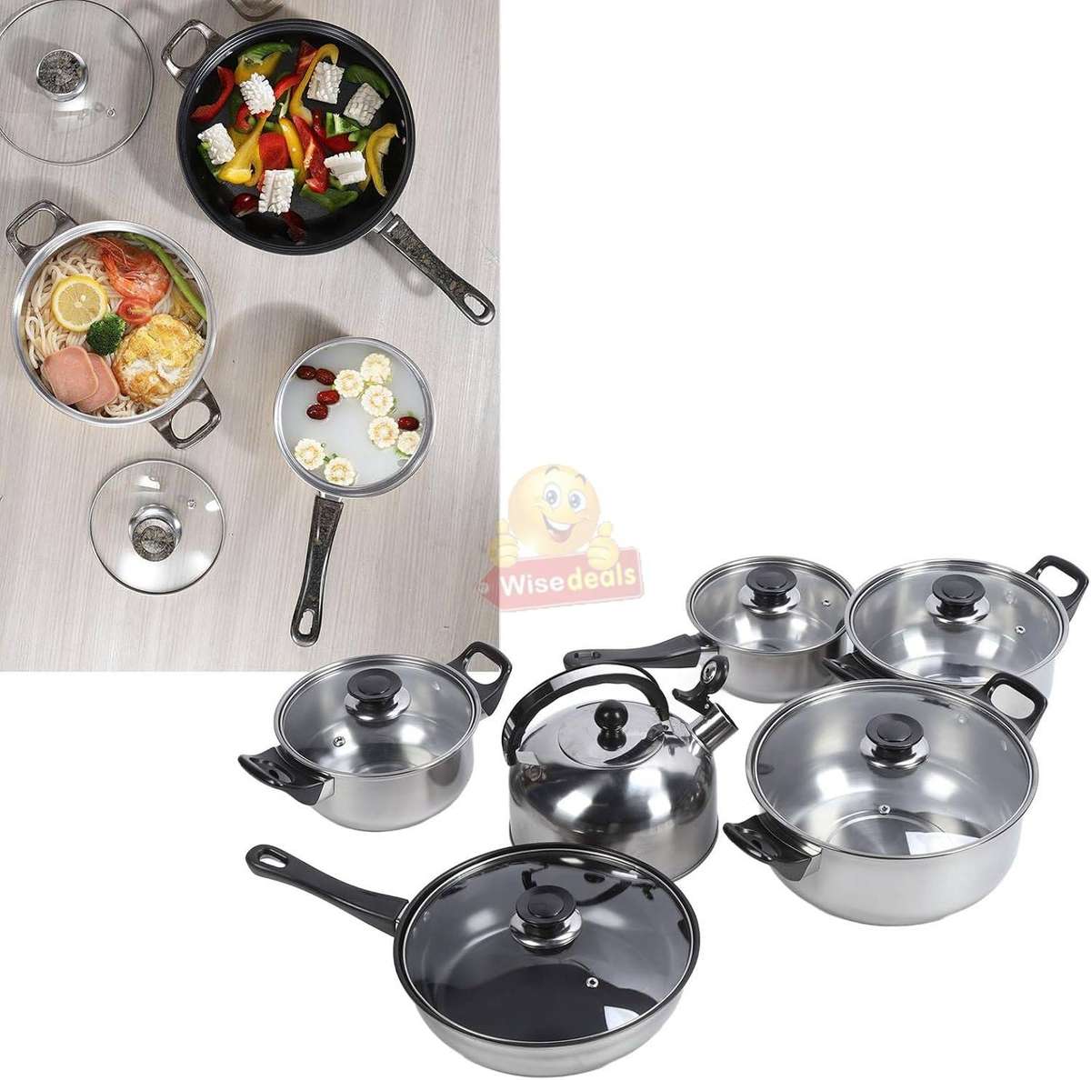12 Piece Stainless Steel Cookware Set Whistling Kettle