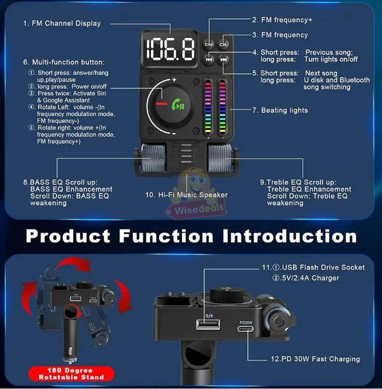 Bluetooth Car 5.3 FM Transmitter, PD 30W Type C Fast Charge & USB Port HiFi