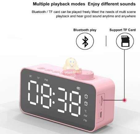 LCD Mirror Alarm clock with TF BLUETOOTH speaker, FM radio, and thermometer in PINK ONLY