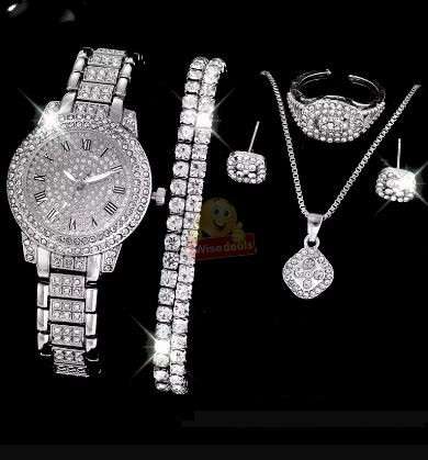 Elegant 6 Piece Watch and Jewellery Set in Rose Pedal Gift Box