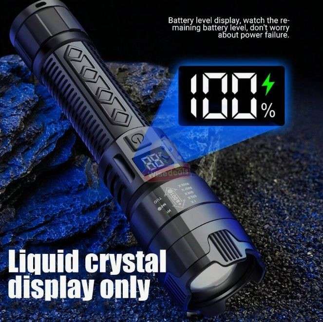 ABS Zoom Flashlight up to 2000 Lumens, Built in Lithium Battery, Digital Battery Display