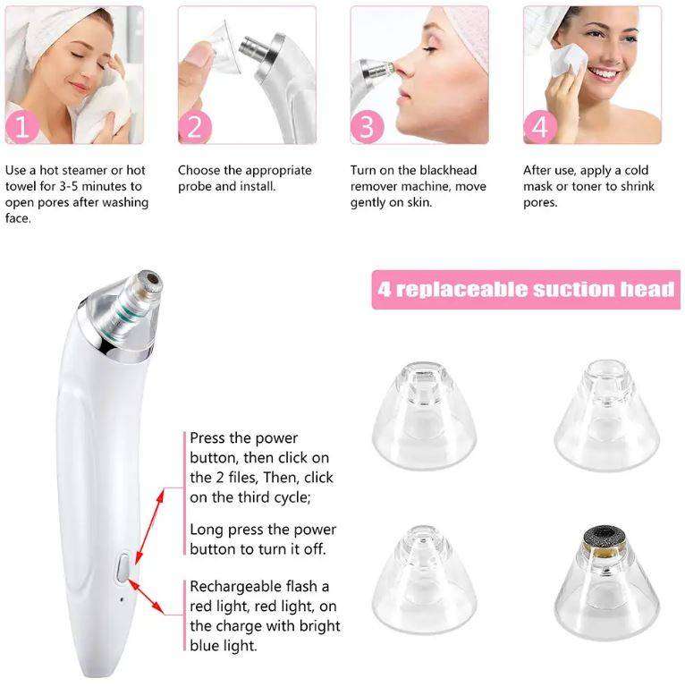 3 Levels Electronic Blackhead Remover Vacuum Cleaner with 4 Probe-White