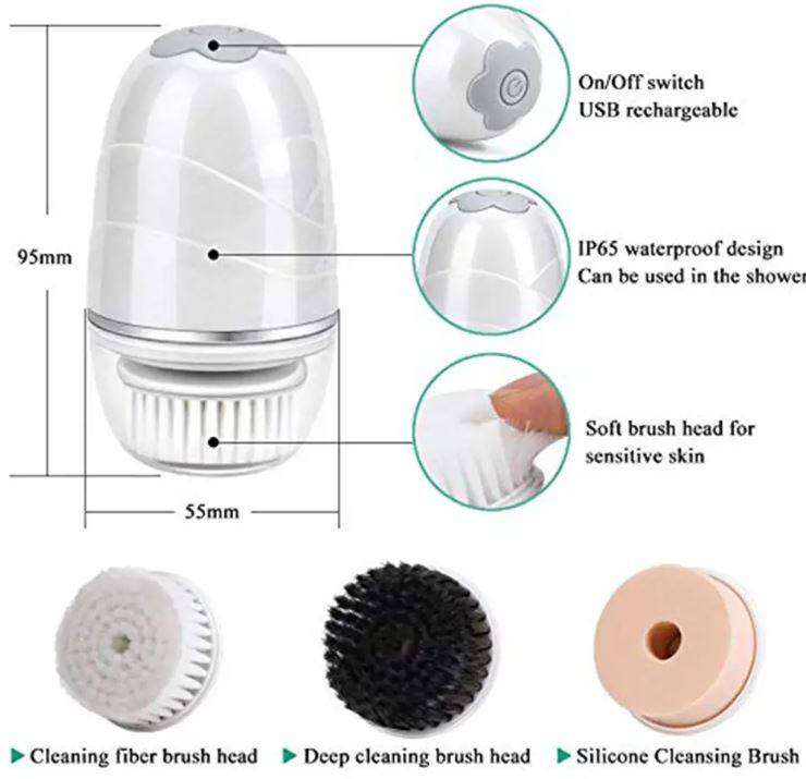 360° Rotary Soft Facial Cleansing Brush With 2 Modes and 3 Brush Heads