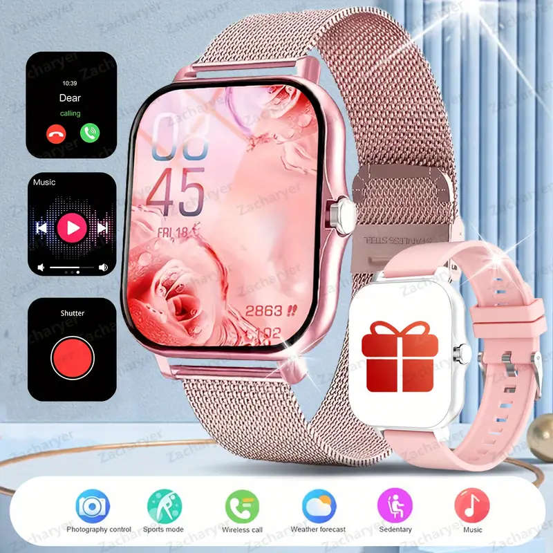 Pink 1.81" Smart Watch, High Definition Touchscreen, Vibration, Audio, Bluetooth, Heart sensor