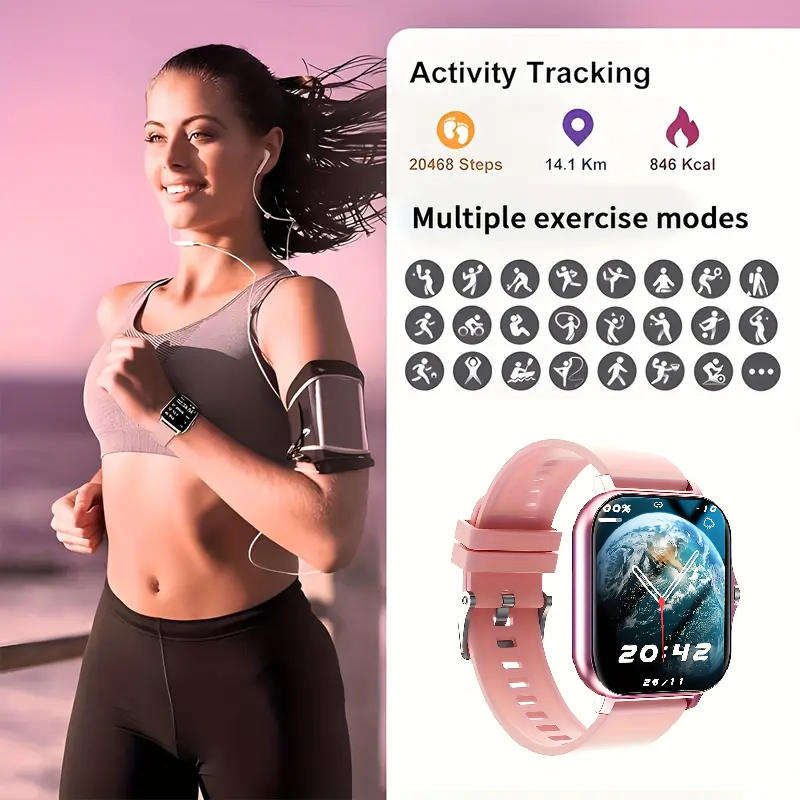 Pink 1.81" Smart Watch, High Definition Touchscreen, Vibrate, Audio, Bluetooth, Heart sensor