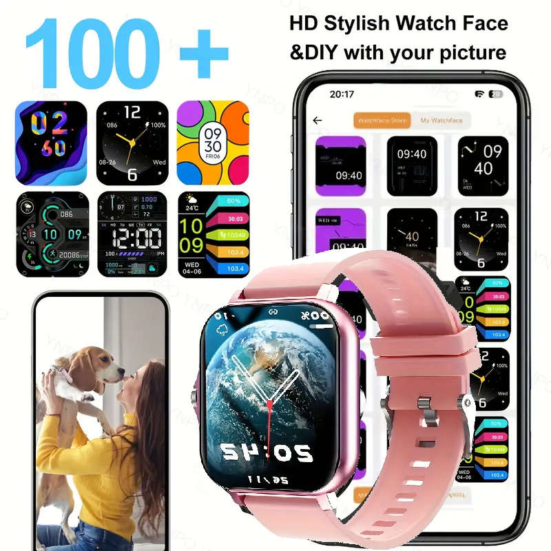 Pink 1.81" Smart Watch, High Definition Touchscreen, Vibration, Audio, Bluetooth, Heart sensor