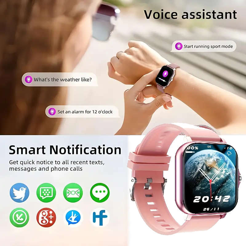 Pink 1.81" Smart Watch, High Definition Touchscreen, Vibration, Audio, Bluetooth, Heart sensor