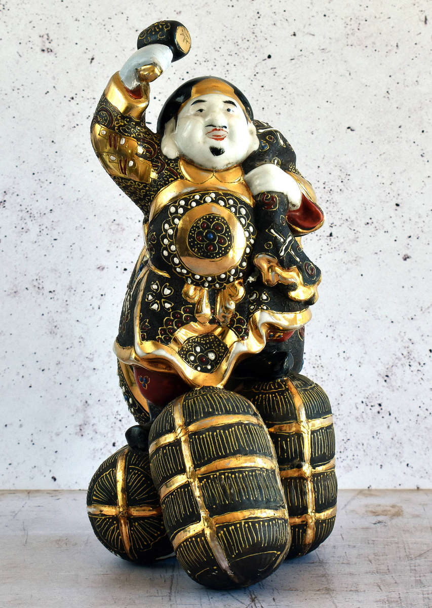 Japanese Satsuma Moriage Figurine  Daikoku (Seven Lucky Gods)  Hand Painted with Gilt