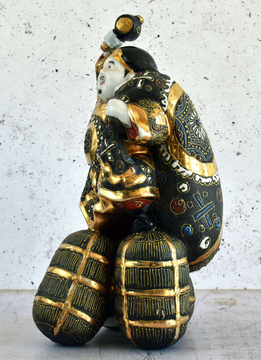 Japanese Satsuma Moriage Figurine  Daikoku (Seven Lucky Gods)  Hand Painted with Gilt