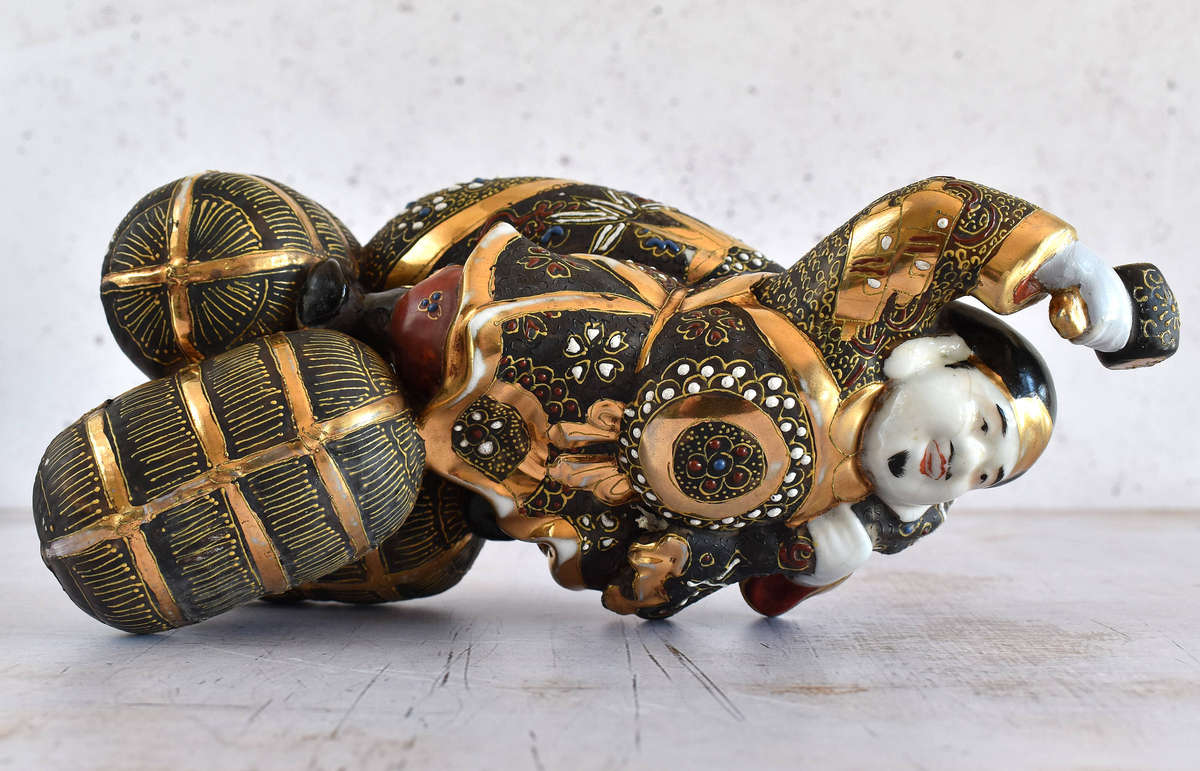 Japanese Satsuma Moriage Figurine  Daikoku (Seven Lucky Gods)  Hand Painted with Gilt