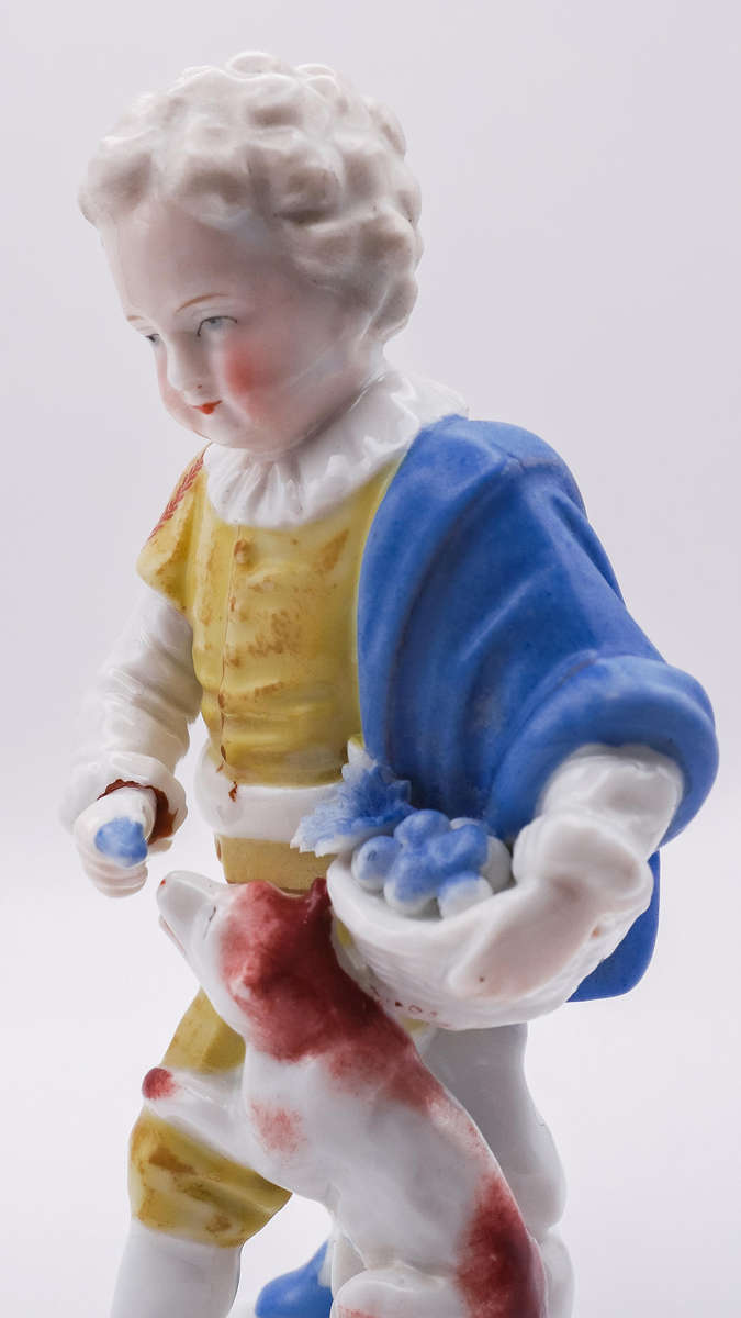 Antique Hand-Painted Porcelain Figurine Boy with Dog  German Style  Marked