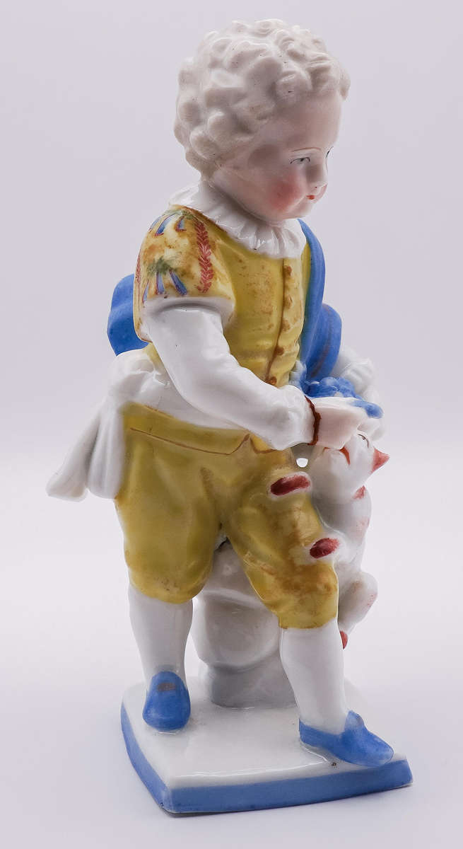 Antique Hand-Painted Porcelain Figurine Boy with Dog  German Style  Marked