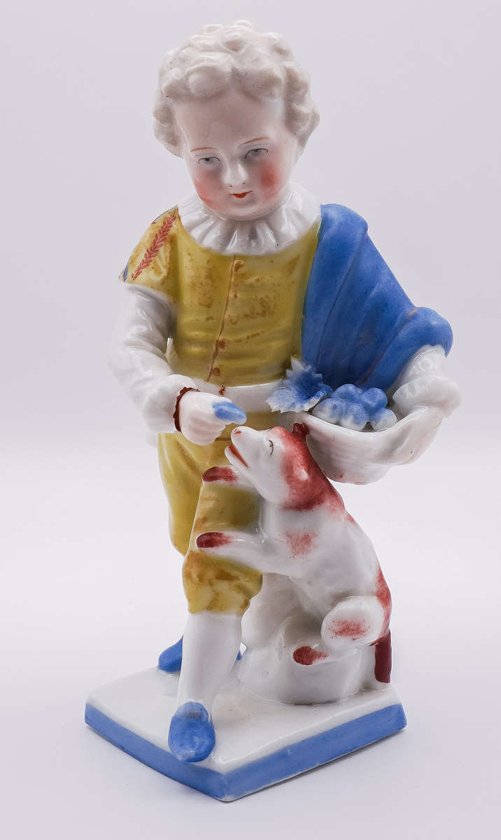 Antique Hand-Painted Porcelain Figurine Boy with Dog  German Style  Marked