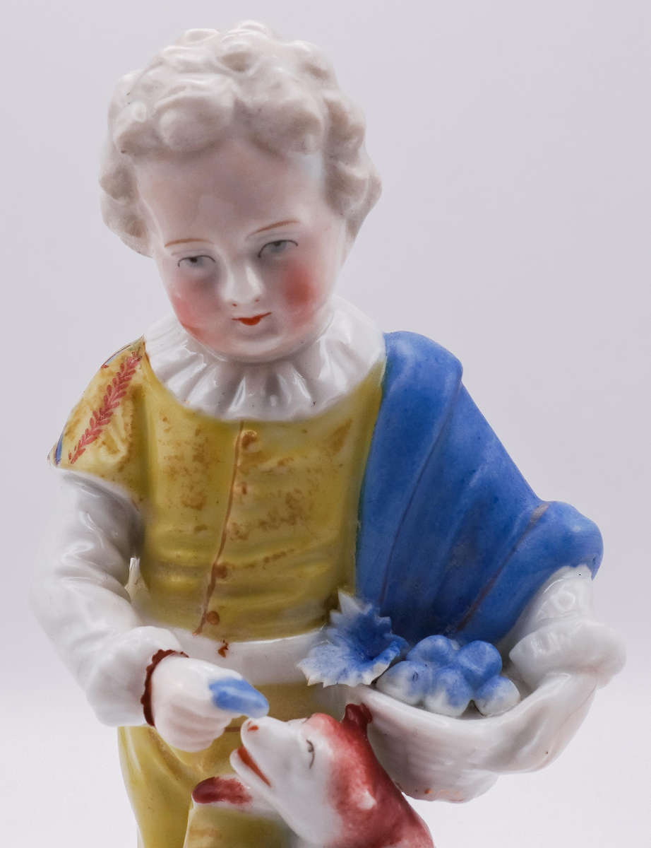 Antique Hand-Painted Porcelain Figurine Boy with Dog  German Style  Marked