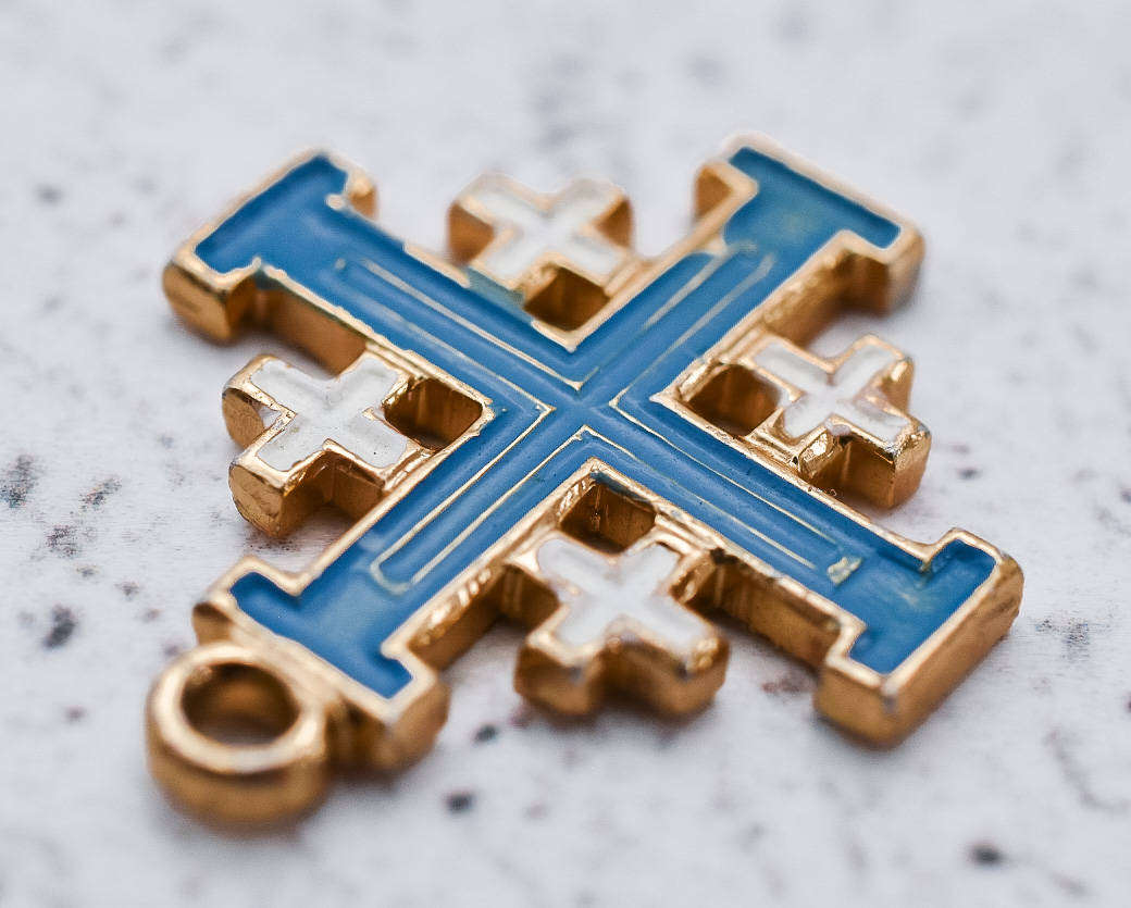 Jerusalem Cross Pendant  Gold-Tone with Blue & White Enamel  Holy Land Souvenir