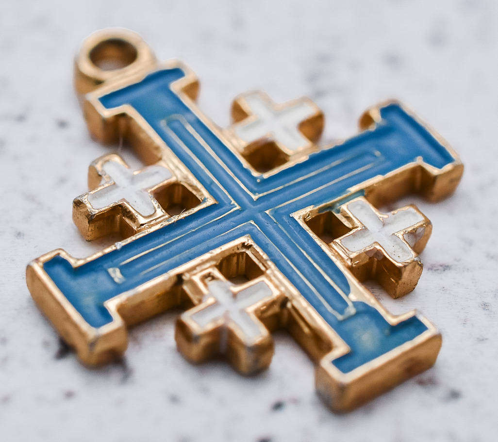 Jerusalem Cross Pendant  Gold-Tone with Blue & White Enamel  Holy Land Souvenir