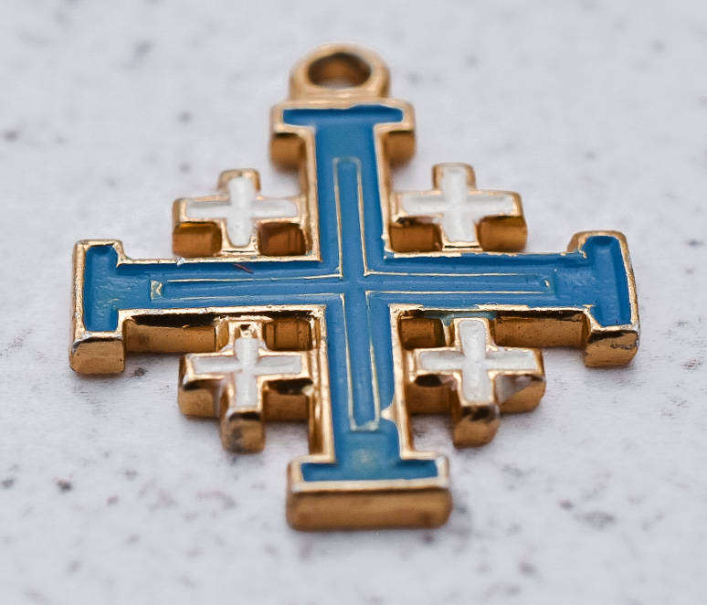 Jerusalem Cross Pendant  Gold-Tone with Blue & White Enamel  Holy Land Souvenir