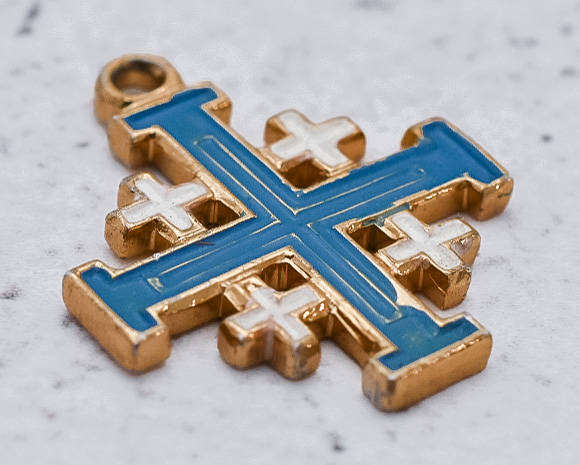 Jerusalem Cross Pendant  Gold-Tone with Blue & White Enamel  Holy Land Souvenir