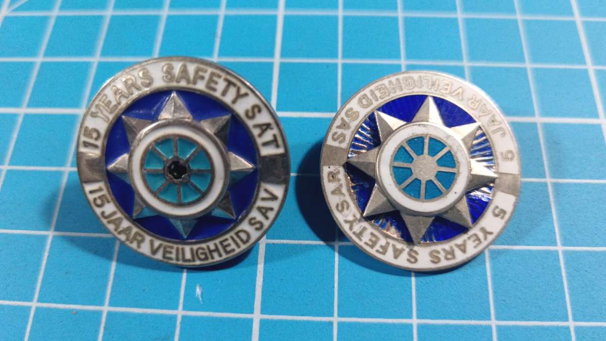South African Railways 5 and 10 years sterling silver safety pin badges
