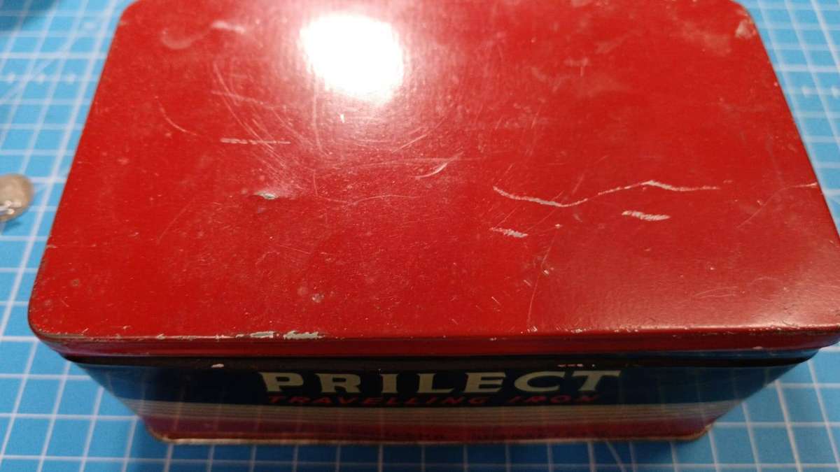 Vintage 1950's PRILECT Travelling Iron in Tin Box Cord and Plug