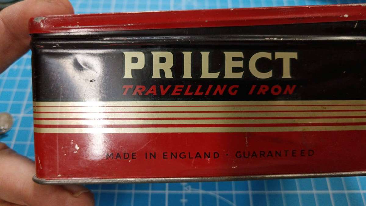 Vintage 1950's PRILECT Travelling Iron in Tin Box Cord and Plug