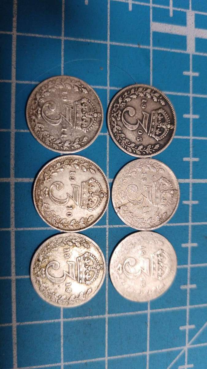 6 x UK silver 3 pence coins