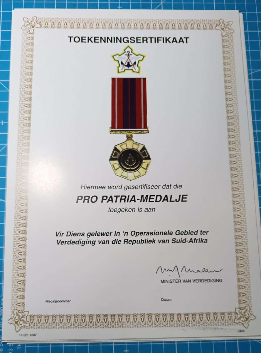 SADF - Original Period Pro Patria Certificate - Afrikaans