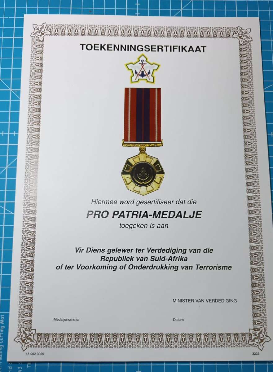 SADF - Original Period Pro Patria Certificate - Afrikaans