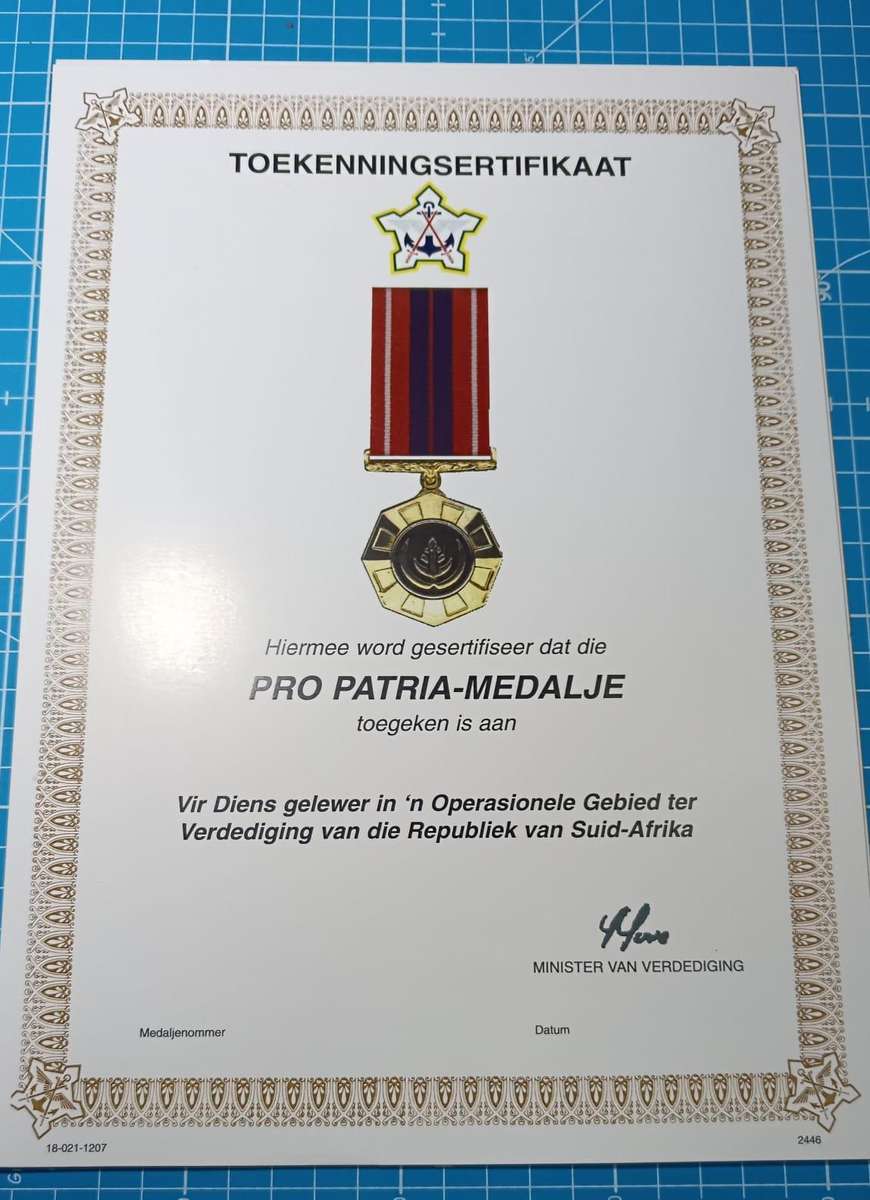 SADF - Original Period Pro Patria Certificate - Afrikaans