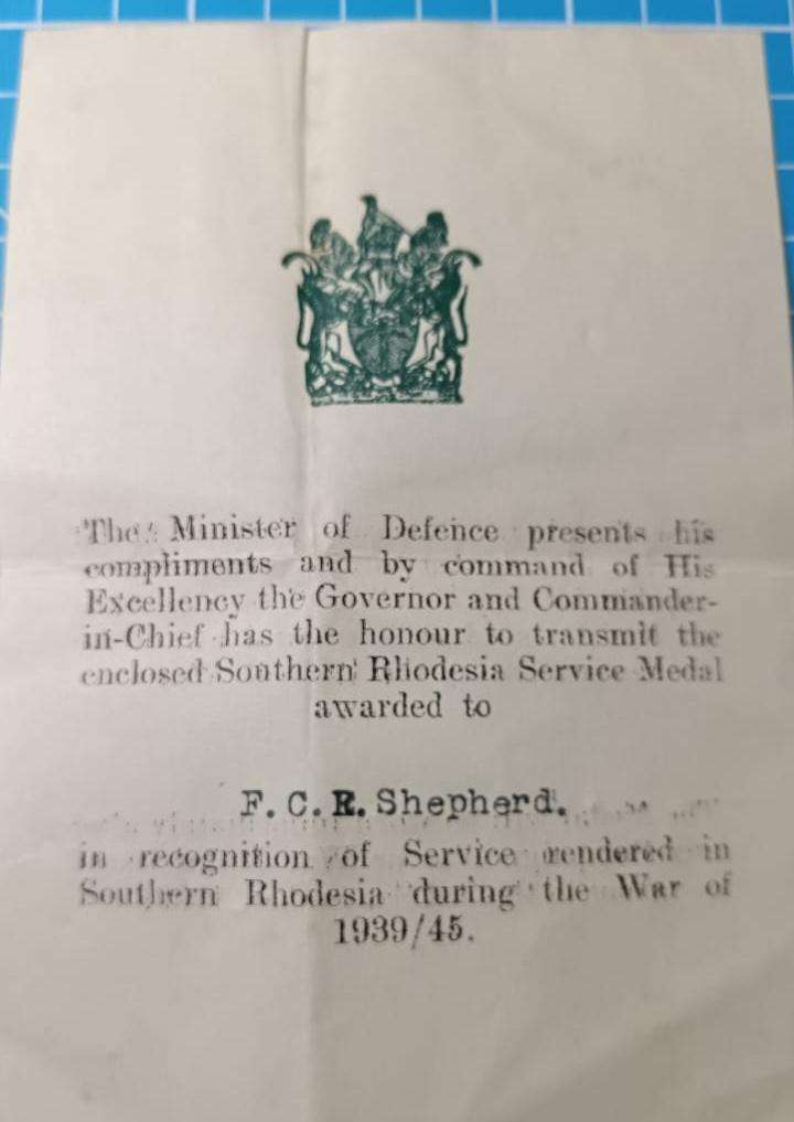 Southern Rhodesia - Full Size Medal for War Services to:F.C.R.Shepherd
