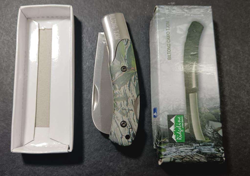 Ridgeline of New Zealand Camo Biltong Tjom. Biltong Knife