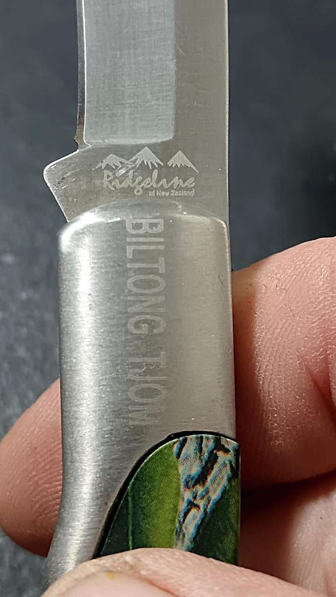 Ridgeline of New Zealand Camo Biltong Tjom. Biltong Knife