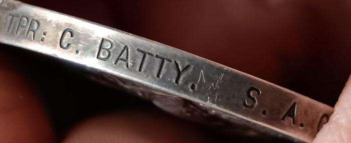 Boer War - Full Size QSA Medal with 4 Bars:1615 3RD CL: TPR C.Batty S.A.C