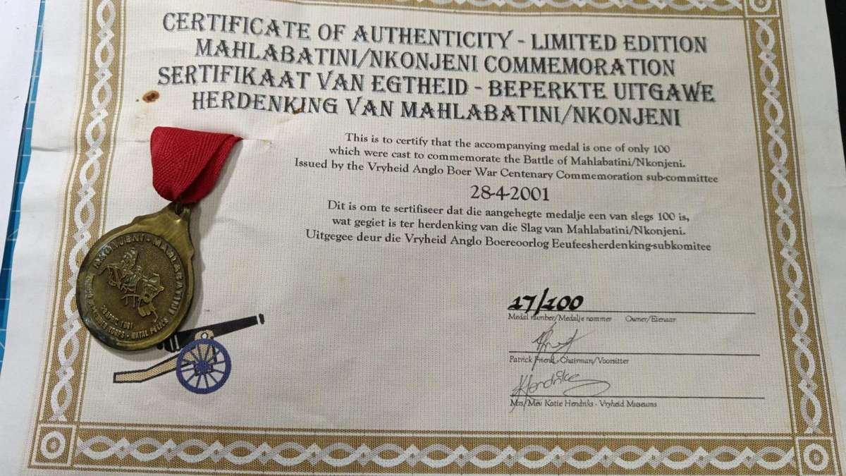 Anglo Boer War Commemorative Medal with Certificate - Number 17/100