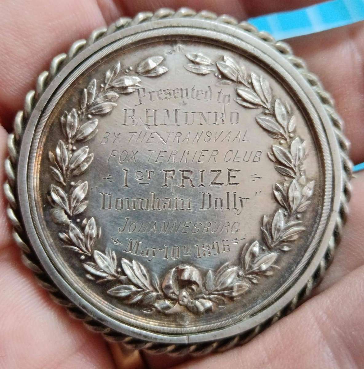 Transvaal Fox Terrior Club Medal Dated 1896 - 1st Prize to 'Downham Dolly'