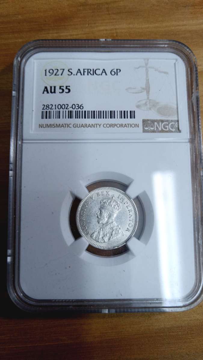 1927 6 pence graded AU55