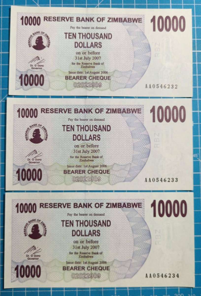 Zimbabwe $10000 notes x 3 in sequence