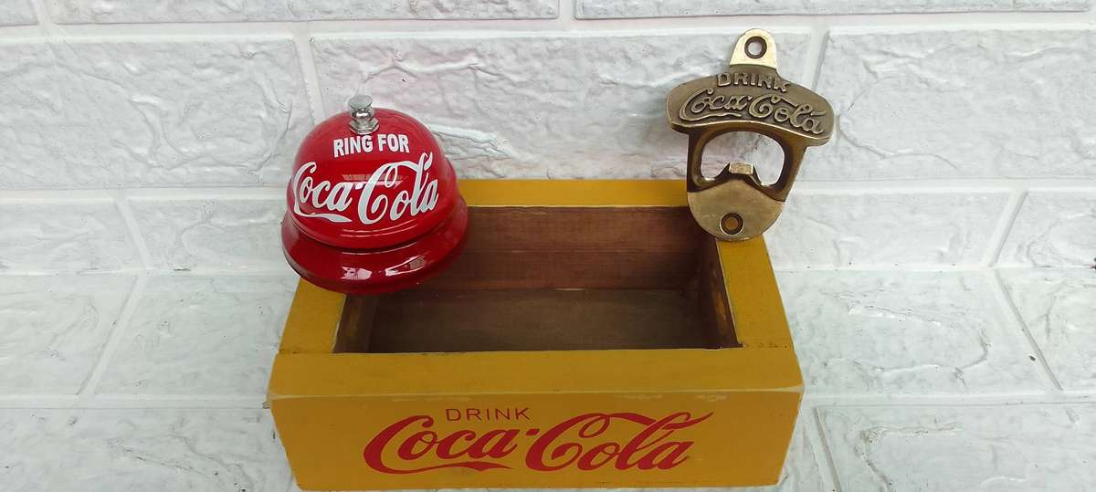 coca cola bundle, bell..crate and brass opener