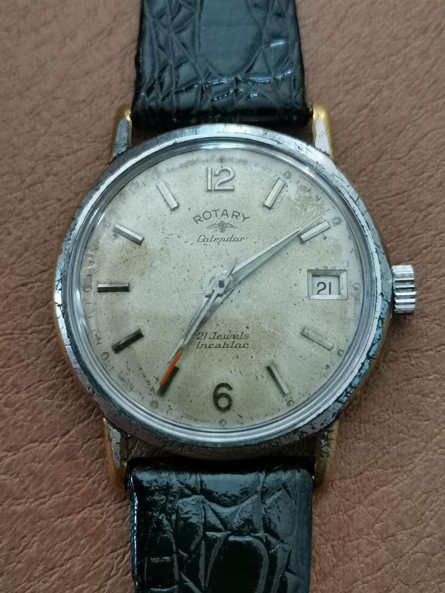 Vintage rotary calendar 21 jewels incabloc manual wind watch