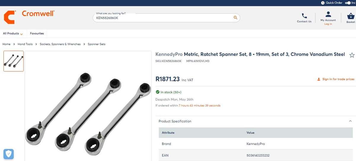 KennedyPro Metric, Ratchet Spanner Set, 8 - 19mm, Set of 3, Chrome Vanadium Steel