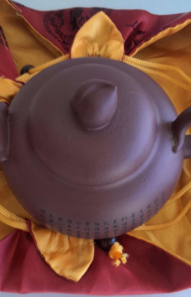 Yixing Purple Clay Zisha Teapot - Hand-painted Scripture & Dragon head spout