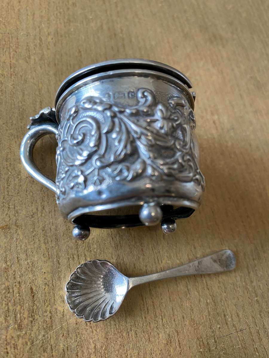 Silver mustard pot with lid and cobalt glass liner and matching spoon