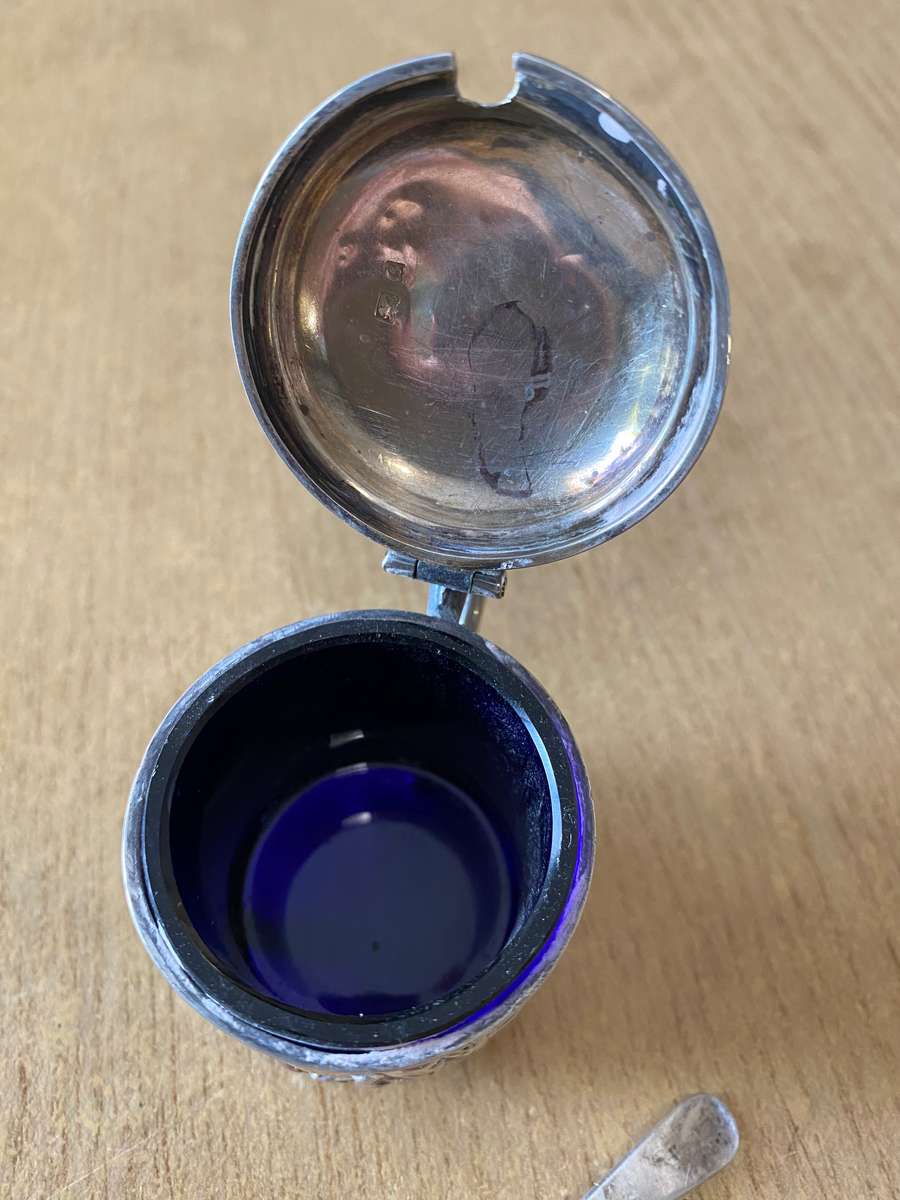 Silver mustard pot with lid and cobalt glass liner and matching spoon