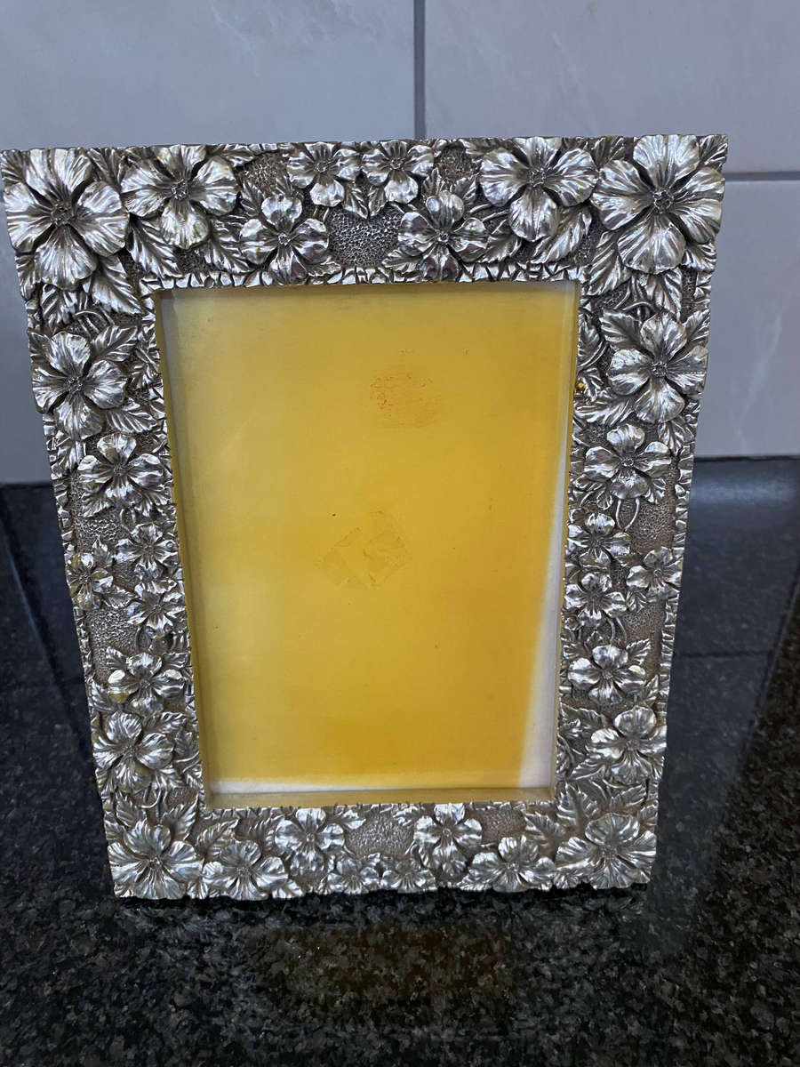 Silver finish ornate heavy metal picture frame with glass