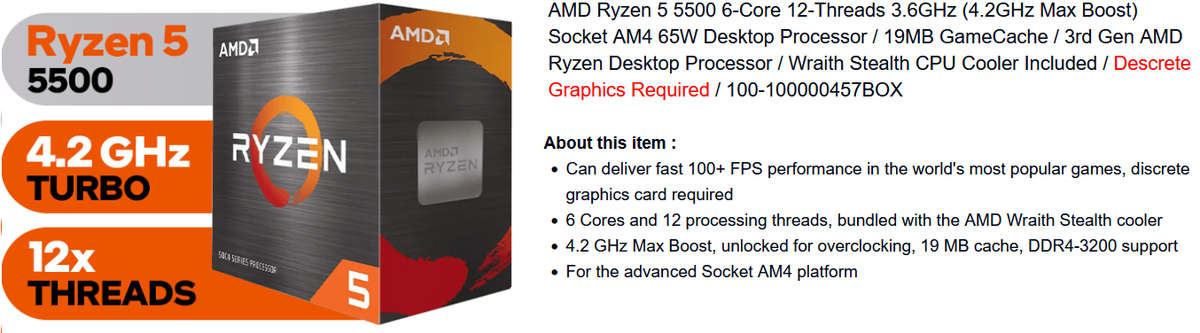 AMD Ryzen 5 5500 6-Core 12-Threads 3.6GHz (4.2GHz Max Boost) Socket AM4 65W Desktop Processor