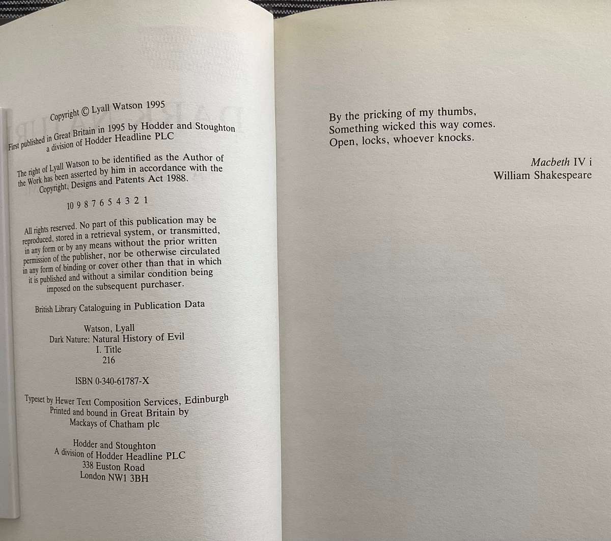 DARK NATURE (A natural history of evil), by Lyall Watson. Hardcover. Vgood condition.