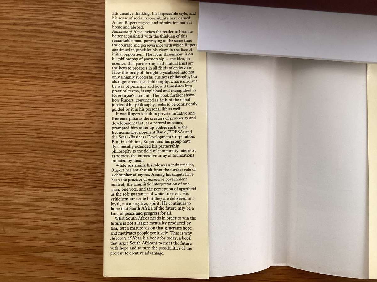 ANTON RUPERT Advocate of Hope. Hardcover in a VGood condition.