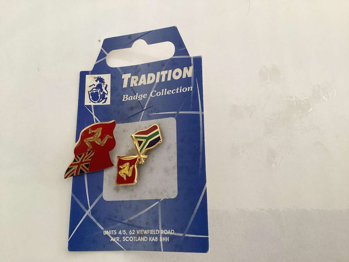 MANX lapel badges x 2.. Manx/South Africa & Manx/United Kingdom.