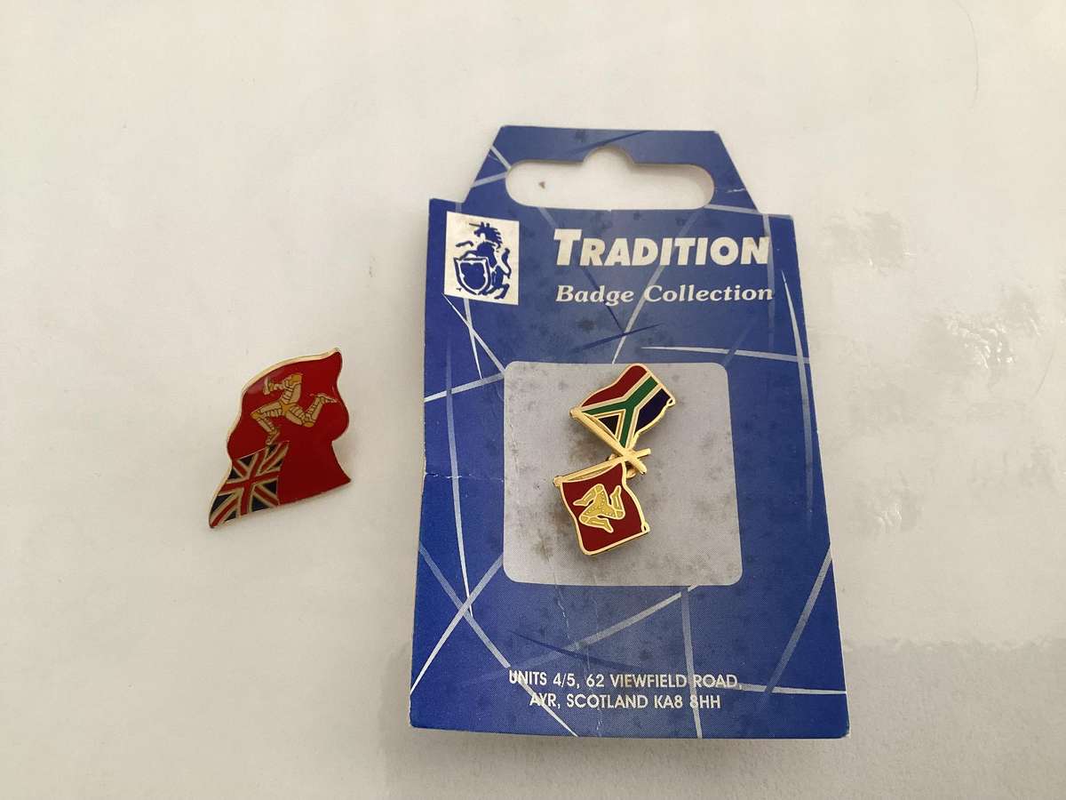 MANX lapel badges x 2.. Manx/South Africa & Manx/United Kingdom.